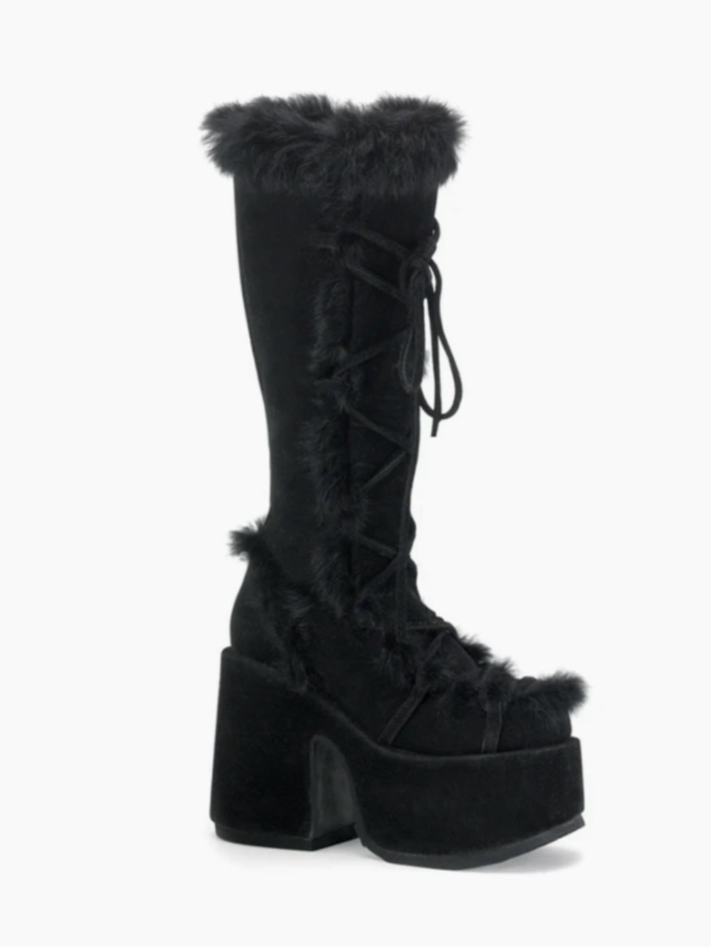 Demonia Black Faux Fur Lace-Up Platform Knee-High Boots